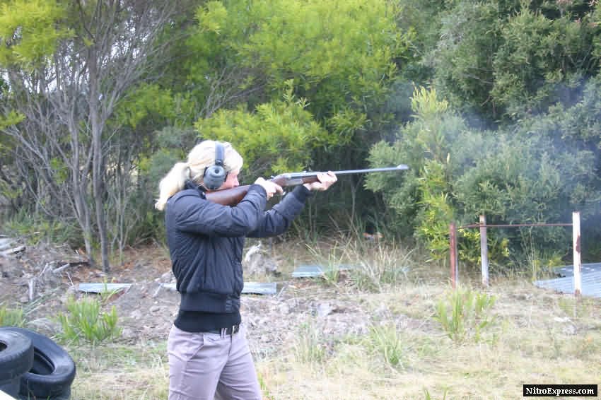 The Honourable Rebecca White, Member of Parliament for the Tasmanian Seat of Lyons, opening the competition shooting a  Westley Richards double rifle in .300 Savage.